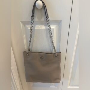 Tory Burch Taupe Pebbled Leather Chain Shoulder Bag with Silver Hardware
